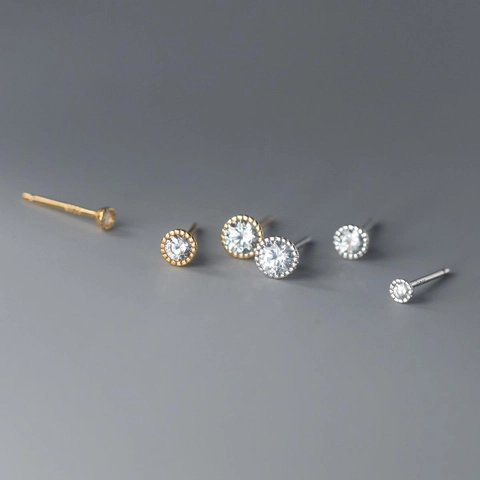 Minimalist 925 Sterling Silver Round Rhinestone Stud Earrings For Women Simple Geometric Gold Silver Plated Small Jewelry