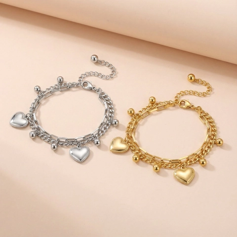 Double Layer Stainless Steel Bracelet With Heart Pendant And Metal Beads Fashion Jewelry For Women Adjustable
