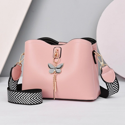 Women PU Leather Shoulder Crossbody Bag With Butterfly Pendant Wide Patterned Strap Shell Shape Elegant Fashion