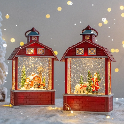 Christmas Snowing Lantern LED Retro Musical Snow Globe Tabletop Ornament Warm Light Glitter Effect Holiday Home Decor