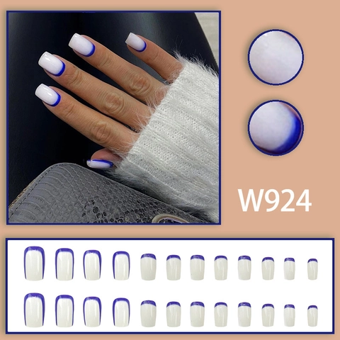 Unghie Finte Press On Stile Francese Quadrate Lucide Plastica ABS Contrasto Blu Bianco Eleganti