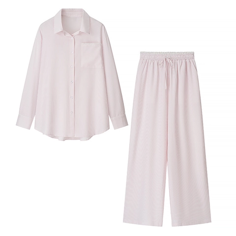 Camisa de Manga Larga con Botones a Rayas para Mujer y Pantalones de Pierna Ancha Top And Bottom Casual Moda Urbana