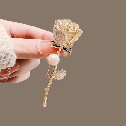 Elegant Rose Brooch Pin With Alloy Rhinestone Artificial Pearl And Enamel Floral Jewelry For Women Fashion Accessory