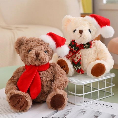 Christmas Teddy Bear Plush Toy Soft Stuffed Animal With Santa Hat And Scarf Holiday Gift Home Decor