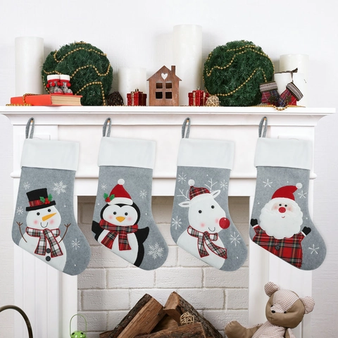 Calza Di Natale Sacchetto Regalo Feltro Babbo Natale Pupazzo Di Neve Renna Pinguino Ricamo Decoro Camino Sospeso Festa Casa