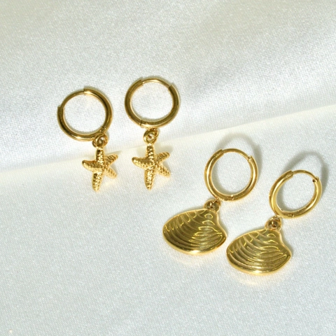 Pendientes Acero Inoxidable Chapado Oro 14K Estrella De Mar Concha Colgante Aro Estilo Océano Joyería Para Mujer