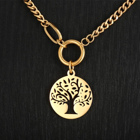 Double Layer Necklace Stainless Steel Tree Of Life Pendant Cuban Chain Hollow Fashion Trendy Jewelry For Women