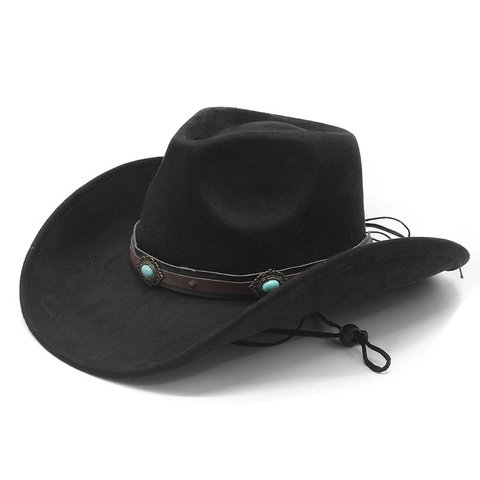 Western Cowboy Hat Suede Texture Wide Brim With Turquoise Beads Ethnic Leather Band Adjustable Windproof Rope For Outdoor