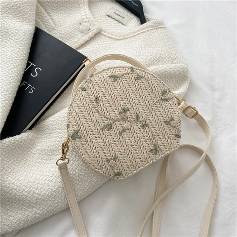 Women Round Straw Shoulder Bag Flower Embroidery Crossbody Handbag PU Leather Trim Small Fresh Style Vacation