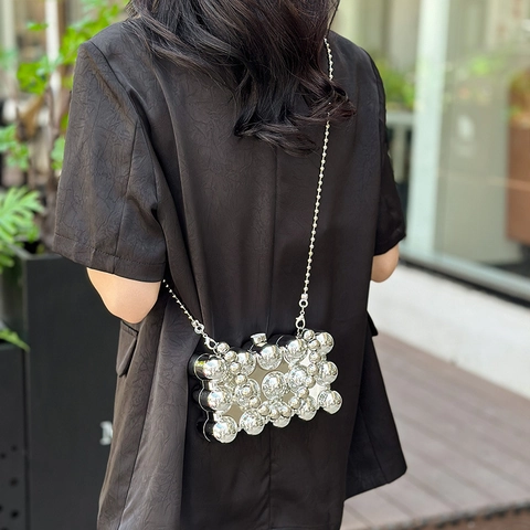 Acrylic Sphere Texture Evening Clutch Bag Metallic Glossy Box Shoulder Crossbody Purse For Party Wedding With Chain Strap