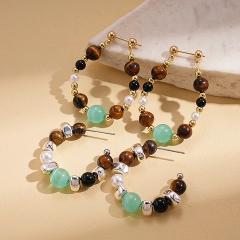 Vintage Beaded Hoop Earrings With Tiger Eye Cat Eye Stone Imitation Artificial Pearl And 925 Sterling Silver Earring Post Retro