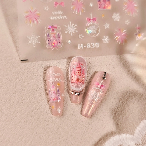 Pink Castle Snowflake Bow Nail Art Stickers 5D Embossed Adhesive Winter Christmas Decals For Women