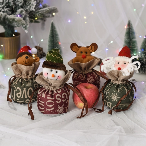 Christmas Gift Bags Linen Felt Plush Santa Snowman Reindeer Handheld Drawstring Candy Apple Packaging Holiday Party Favors