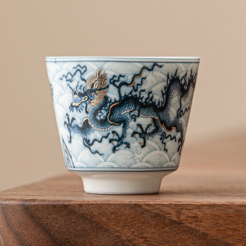 Taza De Té De Porcelana Azul Y Blanca Tradicional China Con Patrón De Dragón Con Incrustaciones De Oro Cerámica