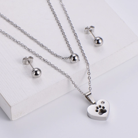 Double Layer Necklace And Ball Stud Earrings Stainless Steel Heart Paw Print Pendant Rhinestone For Women Jewelry Collection
