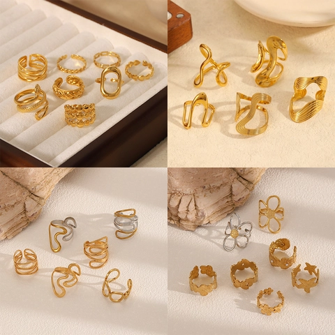Stainless Steel Ring For Women Hollow Out Flower Snake Geometric Heart Design 18K Gold Plated Adjustable Open Band