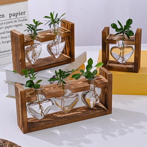 Vaso Idroponico Con Supporto In Legno Massiccio E Terrario In Vetro Porta Piante Da Tavolo Arredamento Retro Cuore Diamante Sfera