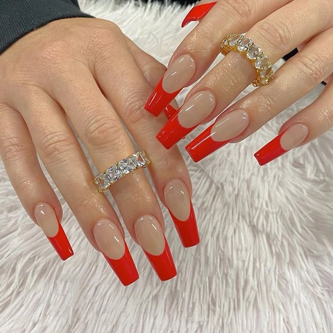 Unghie Press On French Tip Rosse Forma Bara Lunga Base Nude Lucida Unghie Finte Artificiali Manicure Per Donne