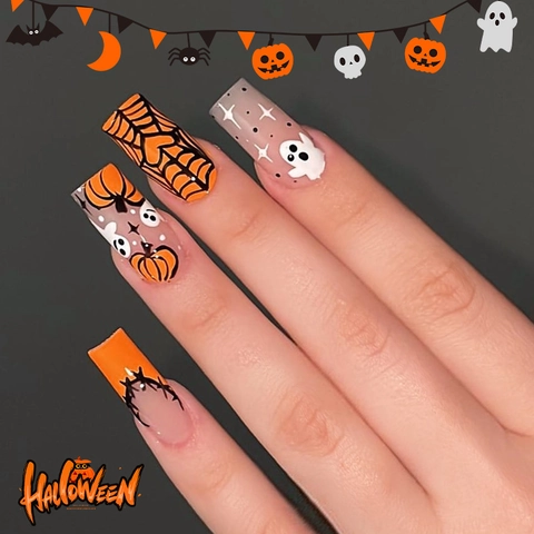 Halloween Aufpressnägel Lange Sargform Künstliche Nägel Kürbis Spinnennetz Geist Strass Glänzend Künstliche Nägel Damen