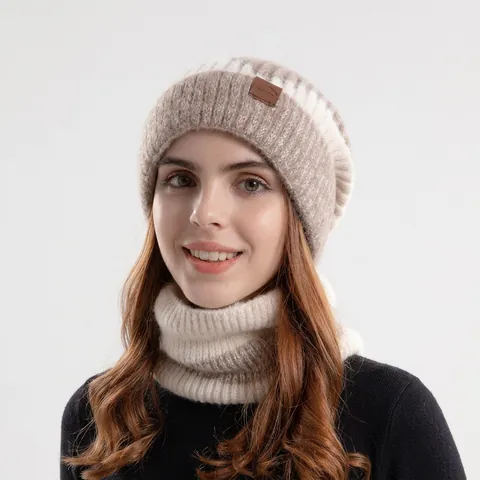 Women Winter Knitted Hat And Neck Warmer Acrylic Fleece Lined Warm Windproof Two-Tone Marled Beanie Scarf