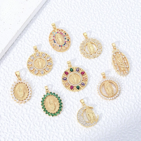 Religious Virgin Mary Pendant 18K Gold Plated Copper Colorful Zircon Spiritual Charm DIY Necklace Making Accessories
