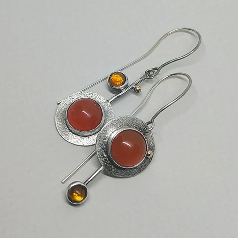 Vintage Bohemian Dangle Hook Earrings Alloy Hammered Metal Turquoise Color Round Gemstone Retro Ethnic Style For Women