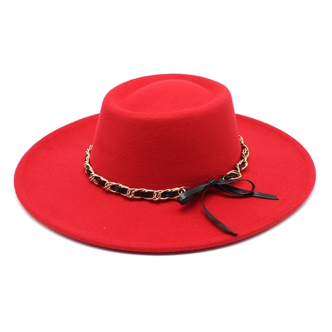 Wollfilz Fedora Hut Mit Goldener Kette Und Schwarzer Schleife Breiter Krempe Eleganter Vintage Stil Unisex Herbst Winter
