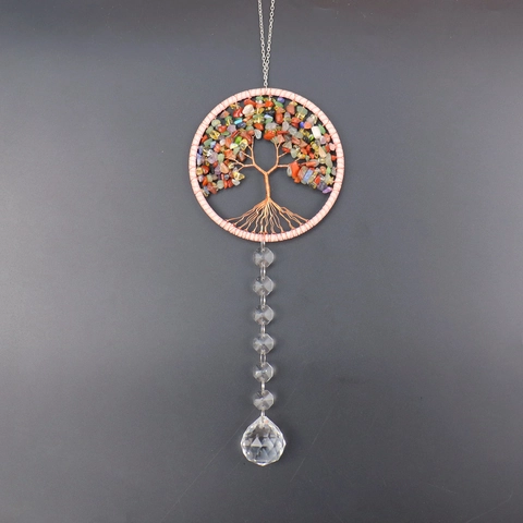 Tree Of Life Crystal Hanging Ornament Natural Crushed Stone Agate Copper Wire Suncatcher For Window Car Home Decor