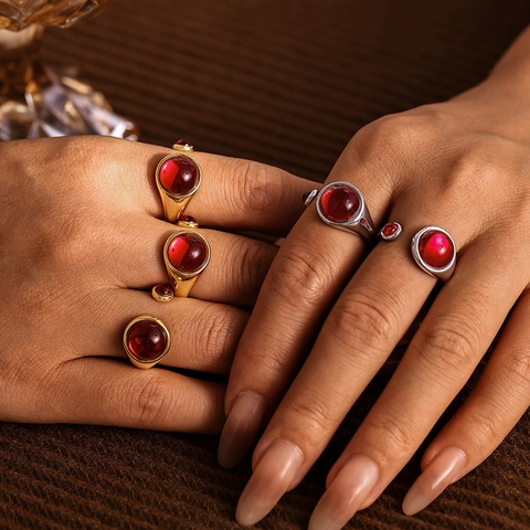 Vintage Stainless Steel Garnet Open Ring For Women PVD Gold Plated Adjustable Red Stone Geometric Finger Ring Luxury Elegant Jewelry
