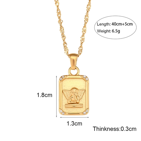 Angel Relief Pendant Necklace Stainless Steel Gold Plated Rectangular Square Plate Zircon Vintage Fashion Jewelry For Women