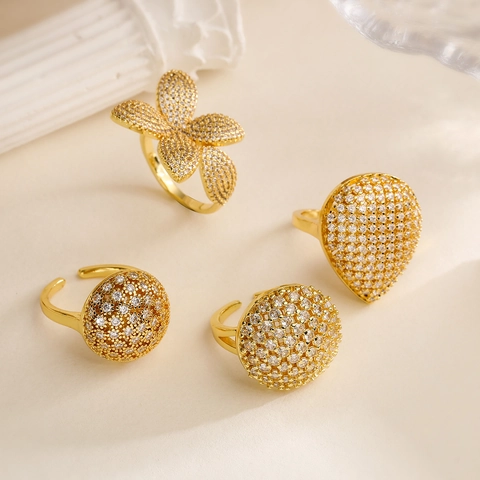 Luxus Zirkonia Verstellbarer Ring 18K Vergoldetes Kupfer Geometrischer Unregelmäßiger Offener Fingerschmuck Damen