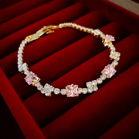 Elegant Square Pink Zircon Tennis Bracelet Copper Gold Plated Luxury Geometric Jewelry For Women