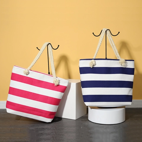 Striped Color Block Canvas Beach Tote Bag With Cotton Rope Handle Waterproof Large Capacity Shoulder Handbag For Women