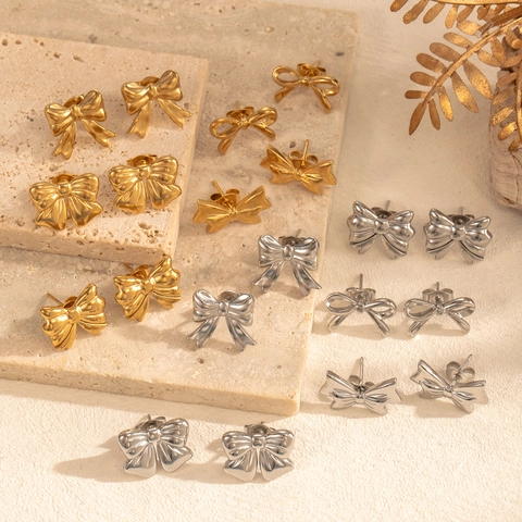 Bow Knot Stud Earrings Titanium Stainless Steel French Retro Elegant Minimalist Metallic Jewelry For Women Gift