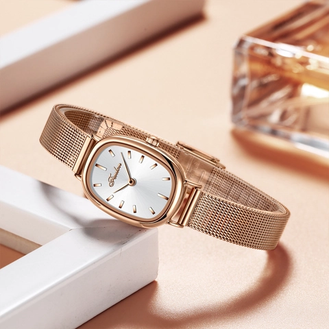 Women Quartz Watch Oval Sunray Dial Rose Gold Alloy Case Stainless Steel Mesh Strap Water Resistant Elegant Vintage