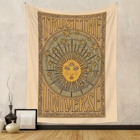 Mystic Tarot Wall Tapestry Polyester Fabric Vintage Bohemian Sun Moon Cat Design Astrology Hanging Cloth For Bedroom Decoration