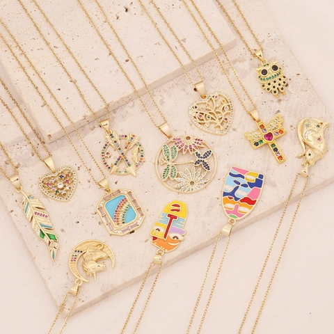 Copper Pendant Necklace With Colorful Cubic Zirconia Enamel Owl Tree Of Life Heart Designs Gold Plated Jewelry For Women