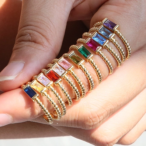 Birthstone Ring Brass 18K Gold Plated Baguette Cut Colorful Zircon Adjustable Open Finger Ring Jewelry For Women