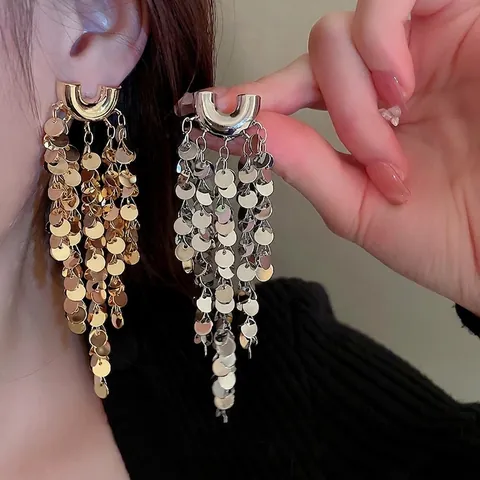 Lange Kwastjes Oorbellen Met 925 Sterling Zilveren Oorsteker U-Vorm Geometrisch Metalen Pailletten Cluster Mode Voor Dames