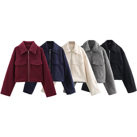 Women Cropped Jacket Bouclé Wool Blend Zip Up Lapel Collar Casual Chic Solid Color Outerwear With Pockets