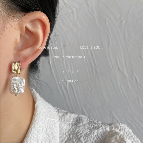 Baroque Irregular Natural Freshwater Pearl Drop Earrings With Silver Earring Post Vintage Hammered Metal For Women