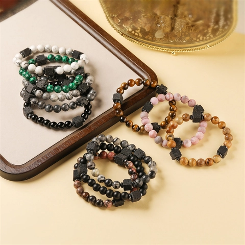 Bracelet Perles Pierre Naturelle Roche Volcanique Cordon Élastique Unisexe Fait Main Style Géométrique Bijoux Homme Femme