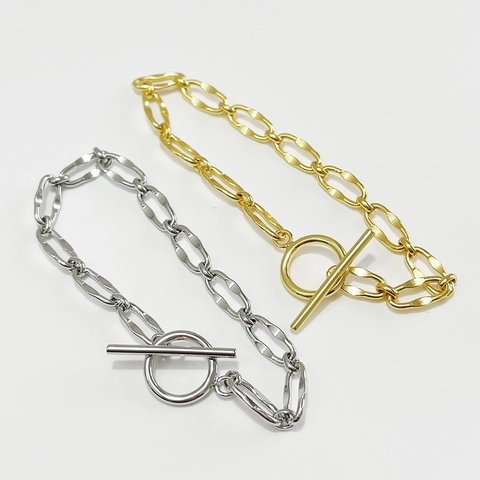 Pulsera De Plata De Ley 925 Cadena Gruesa Martillada Minimalista Cierre De OT Joyería Hecha A Mano Para Mujer