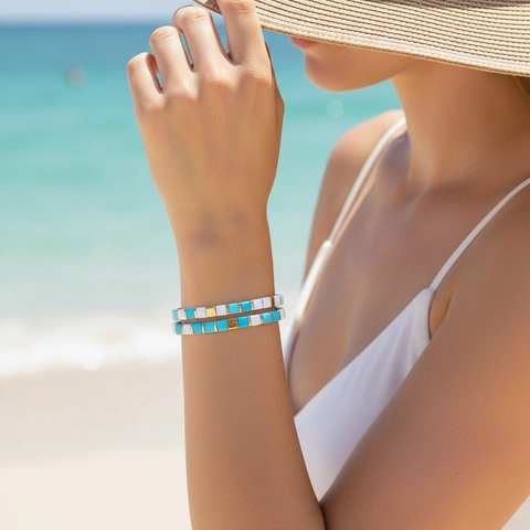 Bohemian Tila Perlen Armbänder Für Damen Elastisch Emaille Legierung Flache Geometrische Perlen Stapelbarer Strandschmuck
