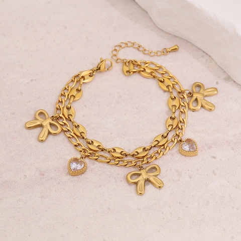 Double Layer Stainless Steel Bracelet With Bow Heart Star Moon Pendants Cubic Zirconia For Women