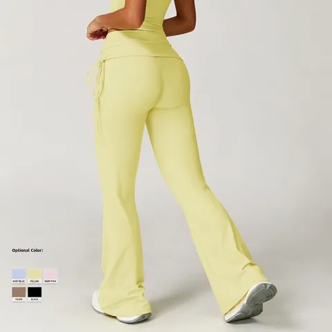 Pantaloni Yoga A Zampa Vita Alta Lato Arricciato Coulisse Vita Risvolto Sensazione Nuda Pantaloni Sportivi Da Donna Traspiranti