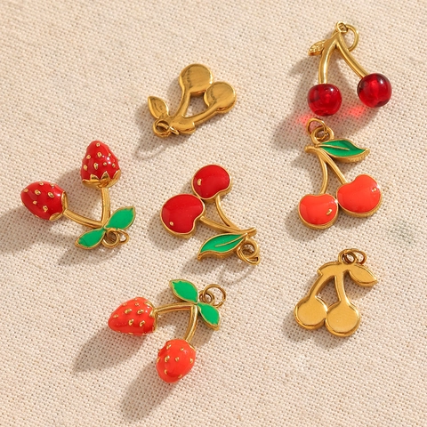 Fruit Cherry Strawberry Pendants Stainless Steel 18K Gold Plated Enamel Charms DIY Jewelry Making Fashion Women