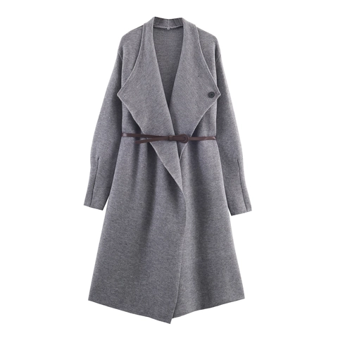 Women Long Knitted Cardigan Coat Elegant Lapel Collar Belted Open Front Soft Solid Color Knit Sweater Outerwear