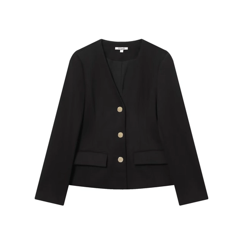 Americana Corta Mujer Negra Cuello En V Con Botones Dorados Corte Entallado Manga Larga Casual Ropa De Oficina Formal