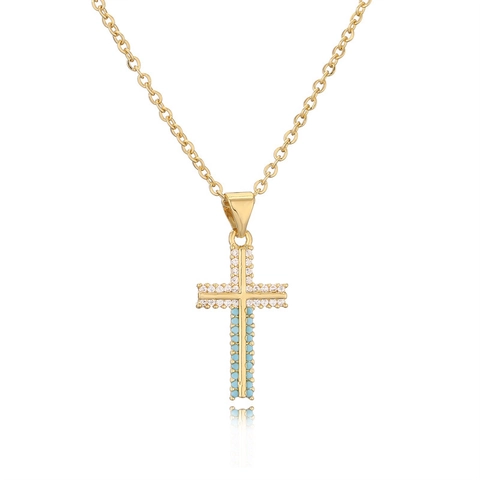 Cross Pendant Necklace Copper Inlaid With Turquoise And Zircon Fashion Ins Style Jewelry For Women Clavicle Chain